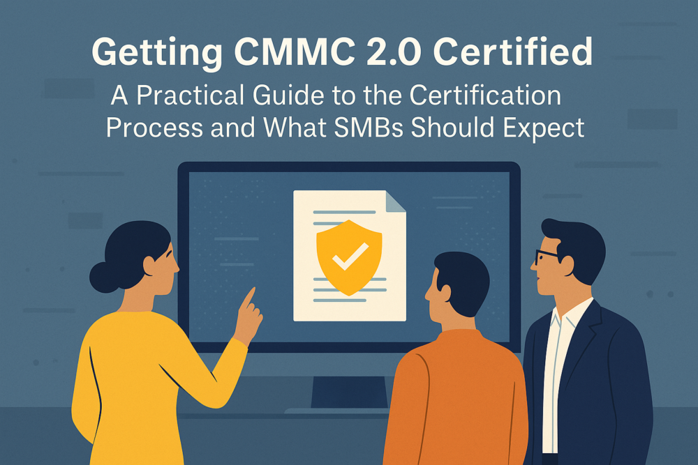 “Graphic banner with the title ‘Getting CMMC 2.0 Certified: A Practical Guide…’ showing three stylized figures facing a computer monitor with a digital certificate icon, representing formal cybersecurity compliance.”