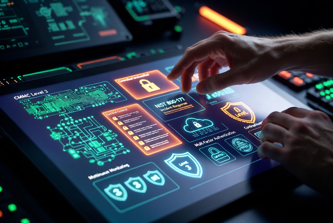 CMMC Level 3 requirements overview showing NIST SP 800-171 and NIST SP 800-172 security controls for defense contractors.