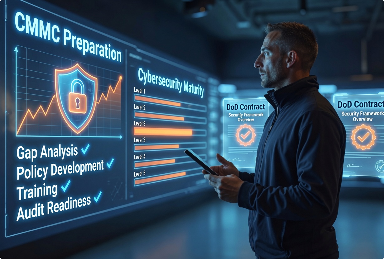 Cybersecurity professional reviewing security controls and compliance metrics while preparing for a CMMC assessment for defense contractors.