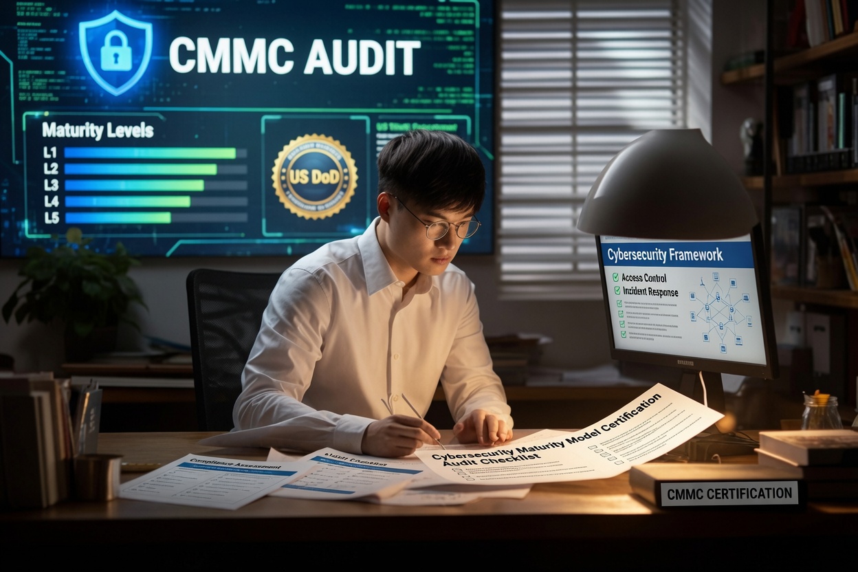 Professional reviewing CMMC audit requirements and cybersecurity compliance documentation before a CMMC Level 2 assessment