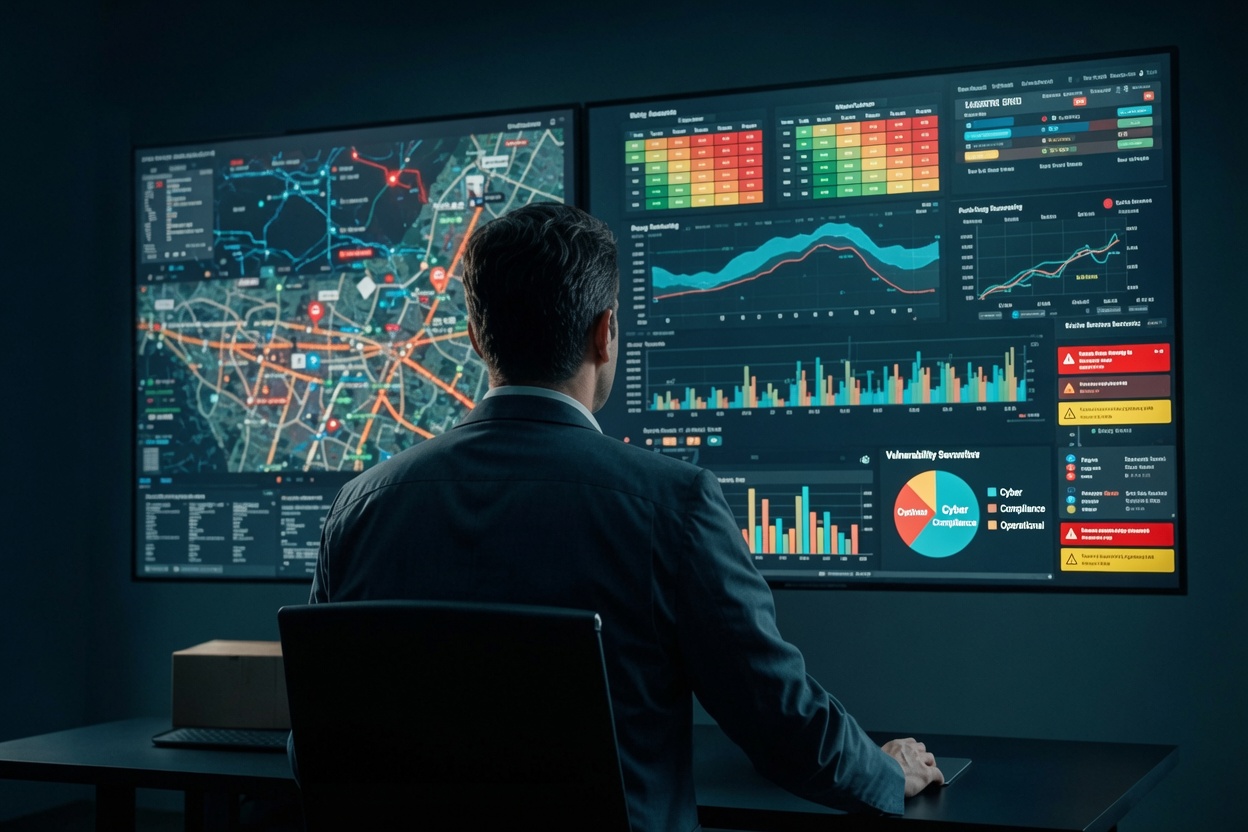 IT professional performing an IT risk assessment to identify cybersecurity vulnerabilities across business systems and network infrastructure.