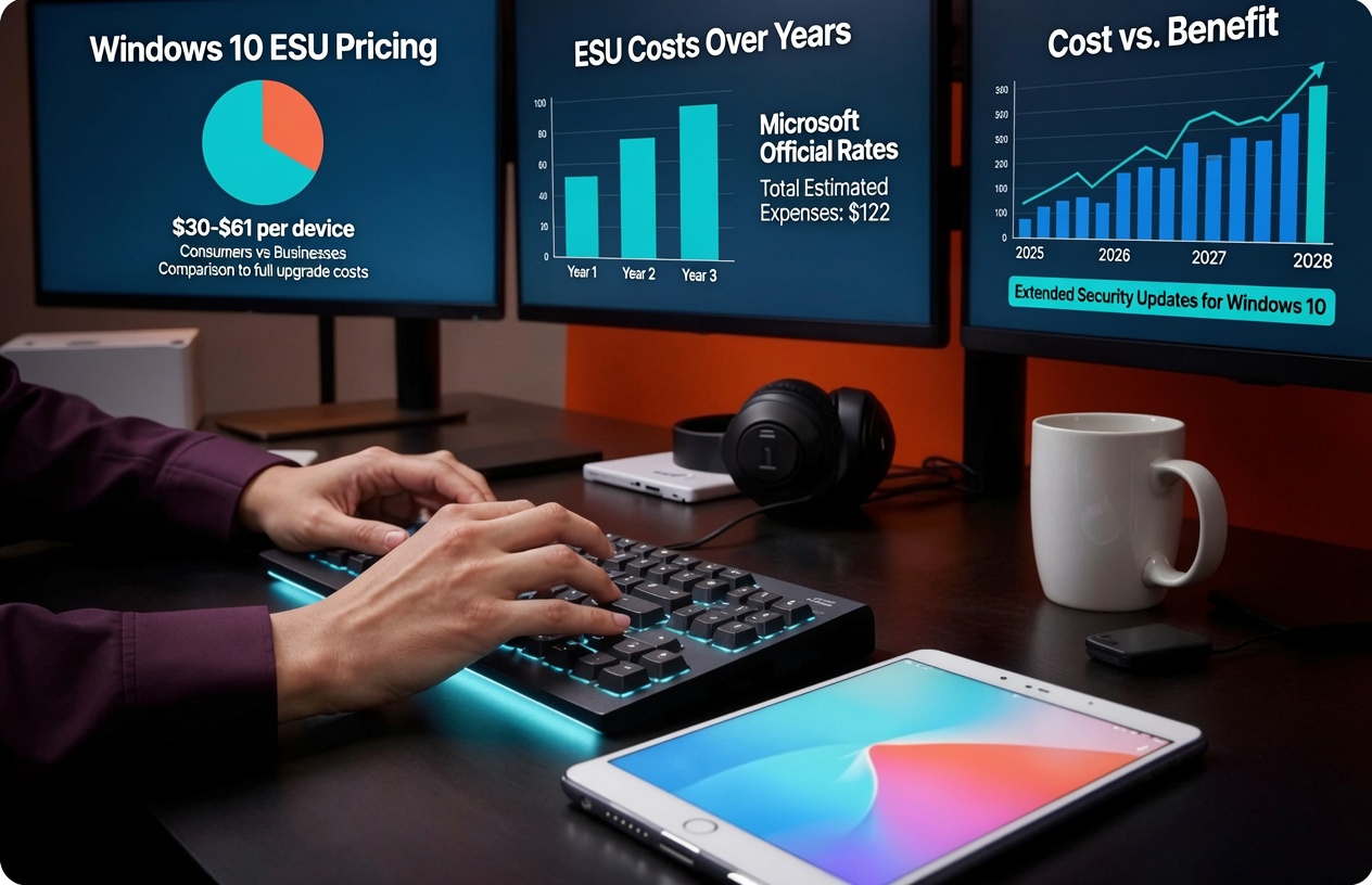 Windows 10 ESU cost comparison showing extended security update pricing for businesses after Windows 10 end of support.