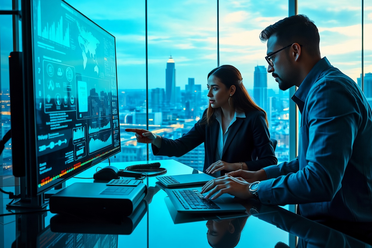 Managed IT professionals monitoring business systems and cybersecurity solutions