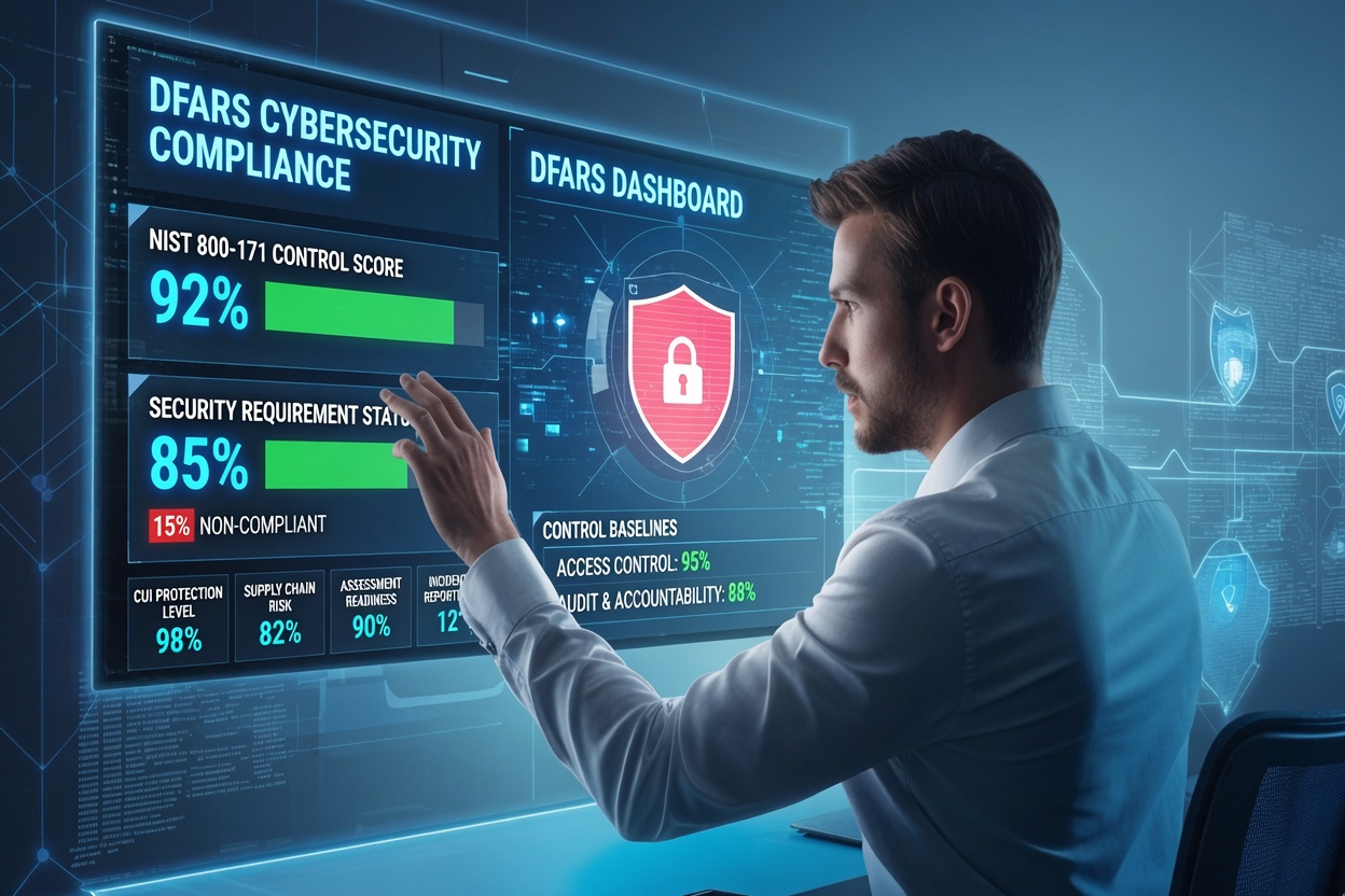 IT professional monitoring DFARS cybersecurity compliance dashboard with NIST SP 800-171 security controls and cyber threat protection.