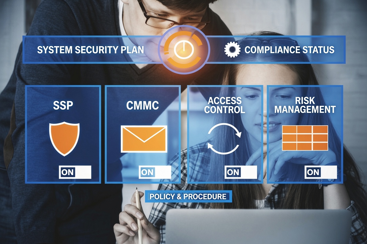 System Security Plan (SSP) diagram showing cybersecurity controls, compliance requirements, and risk management for CMMC and NIST SP 800-171.
