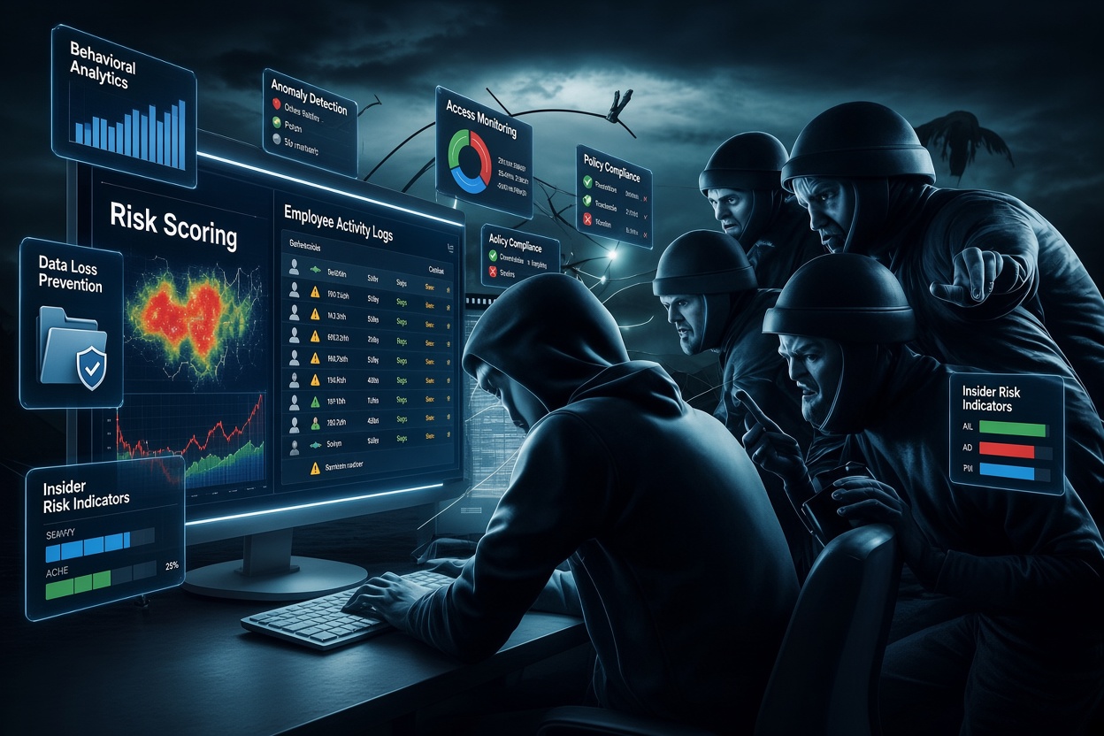 Cybersecurity team monitoring dashboards to detect insider threats and protect sensitive business information.