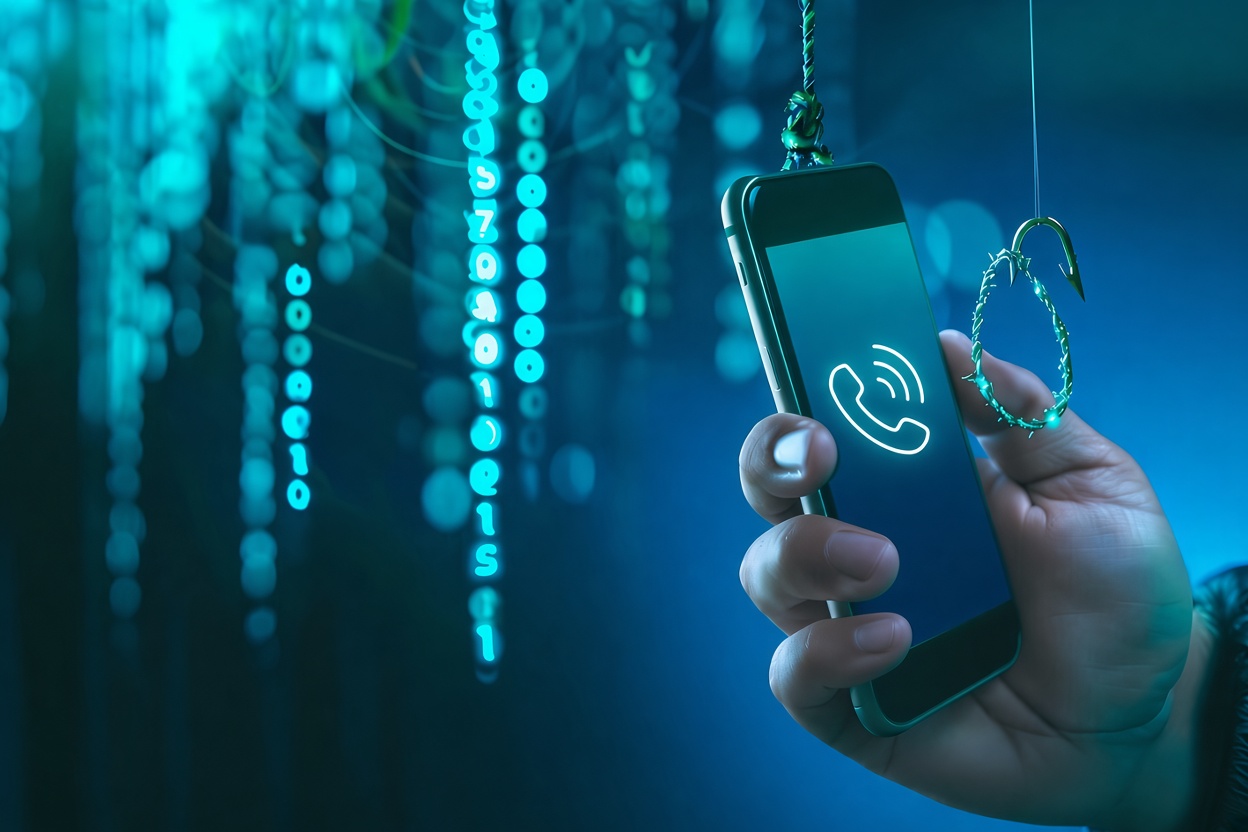 Person holding a smartphone showing a suspicious call, illustrating what is vishing and how voice phishing attacks target users.