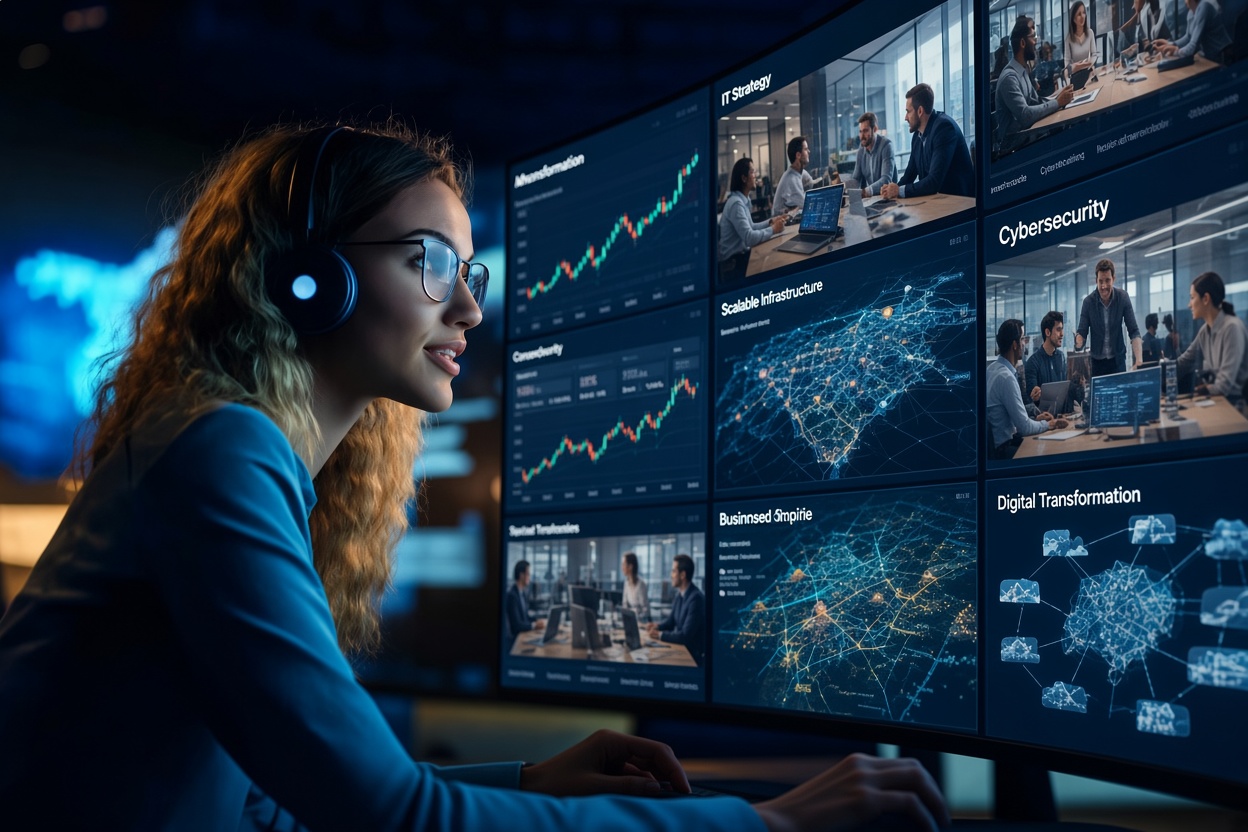 Business IT professional using virtual CIO services to monitor technology systems and support strategic IT planning.